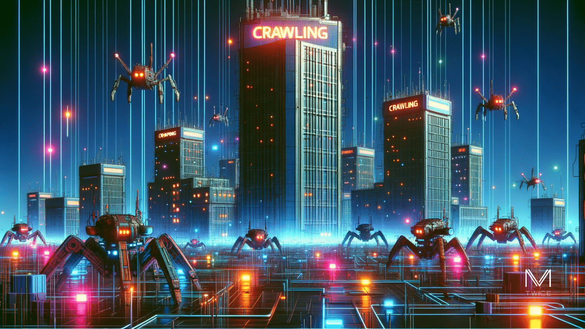 Définition Crawling - Un paysage urbain cyberpunk avec des bâtiments avant-gardistes reliés par des flux d'informations numériques. Des robots crawlers, visibles pour illustrés le crawling