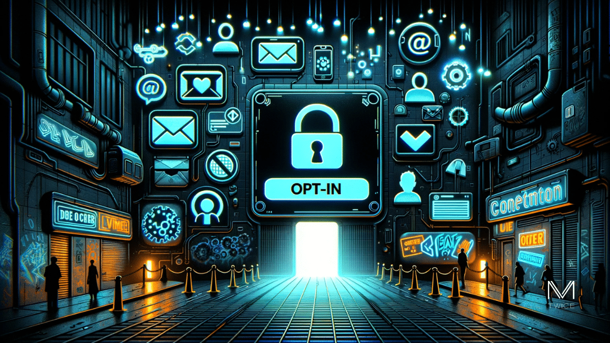 Définition Opt-In - Scène cyberpunk éclairée par des lumières néon illustrant l'Opt-In avec des icônes de cases à cocher, e-mails de confirmation et silhouettes d'utilisateurs.