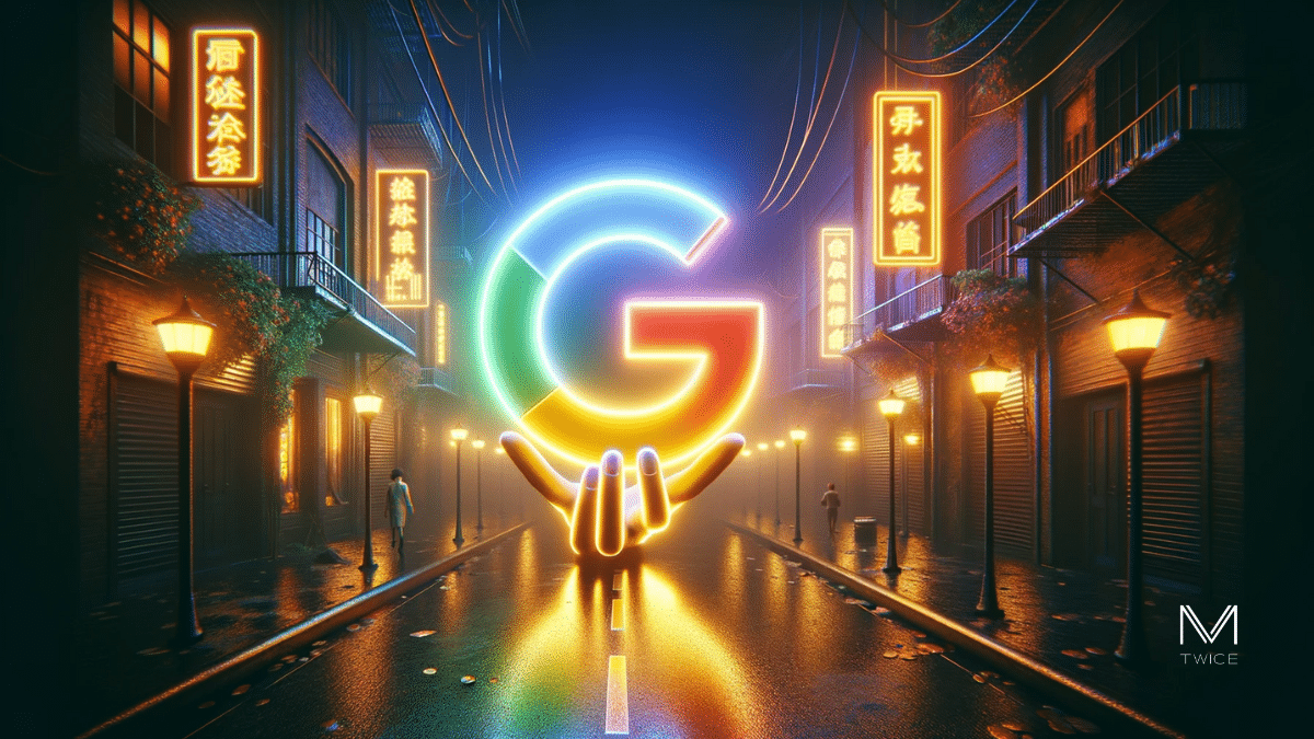 Définition Action Manuelle - Logo Google avec symbole d'intervention manuelle dans une ambiance cyberpunk.