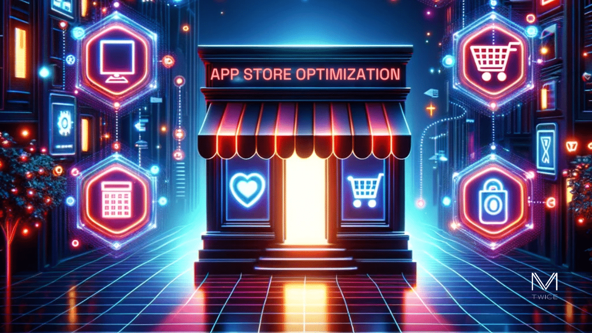 Définition App Store Optimization - Vitrine numérique cyberpunk avec icônes d'applications lumineuses reflétant l'optimisation de magasin d'applications.