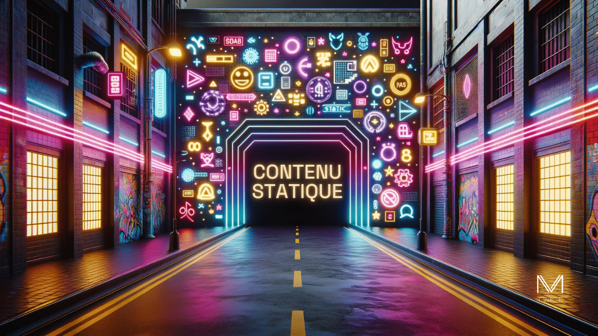 Définition Contenu Statique - Ruelle cyberpunk évoquant le contenu constant avec enseigne lumineuse.