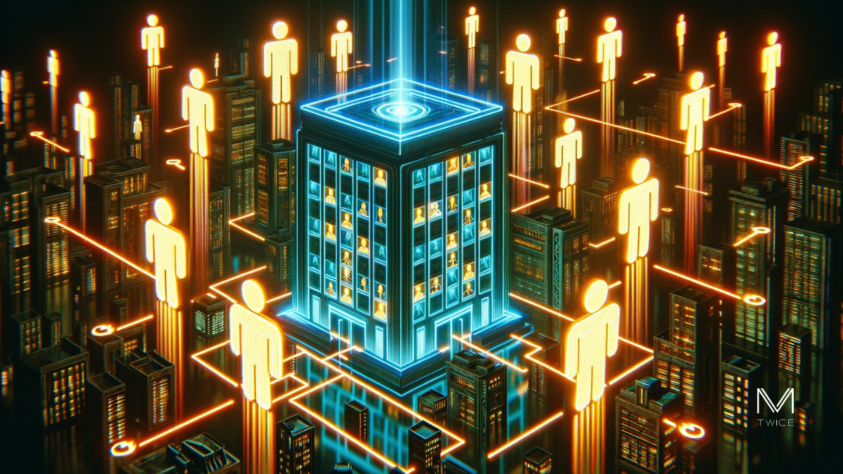 Définition Employee Advocacy - Scène cyberpunk avec entreprise en néon au centre et icônes d'employés autour, tous connectés par des rayons lumineux.