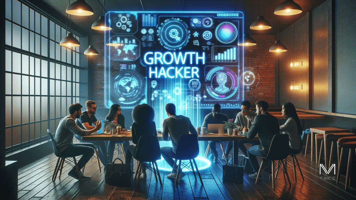 Définition Growth Hacker - Collaborateurs d'une équipe growth analysant des données sur écran holographique en ville cyberpunk.