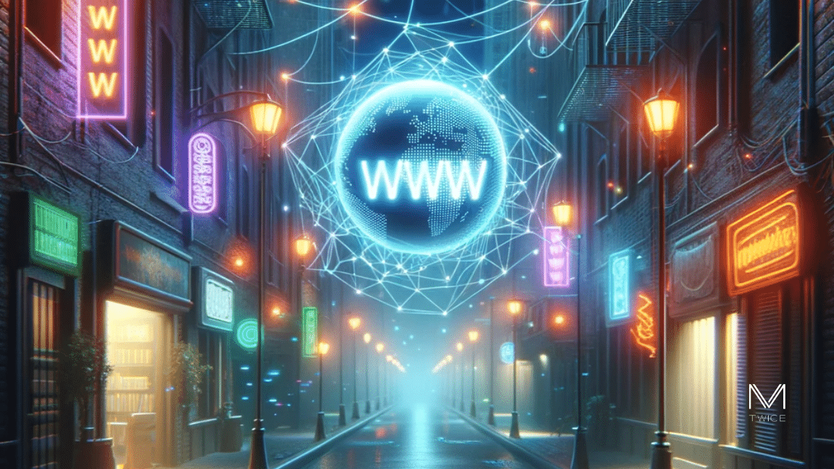 Définition Permalien - Globe WWW dans une ruelle cyberpunk symbolisant la navigation web permanente.