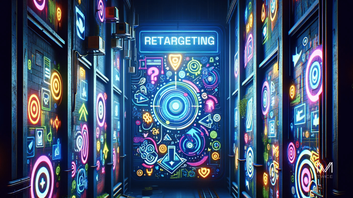 Définition Retargeting - Vue d'une ruelle cyberpunk avec graffitis montrant différentes méthodes de retargeting et annonces personnalisées.