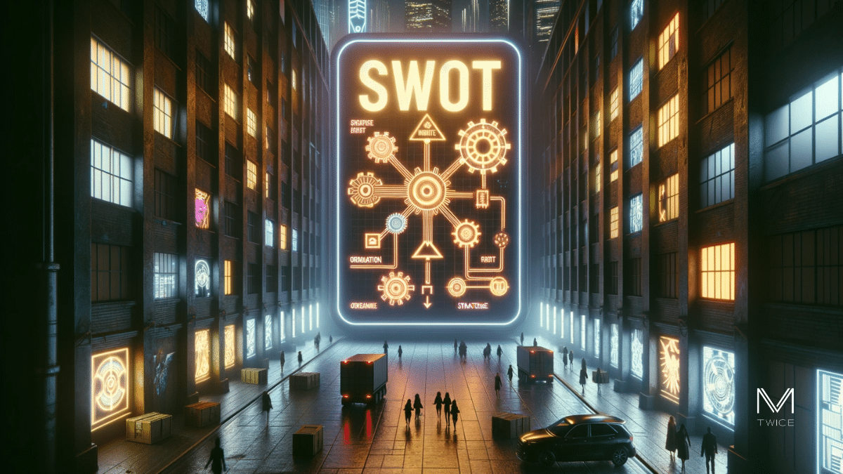 Définition SWOT - Enseigne SWOT en néon avec des symboles stratégiques dans une ambiance nocturne cyberpunk