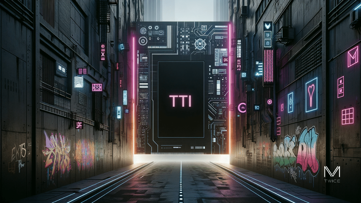 Définition TTI - Scène cyberpunk avec graffitis de barres de progression et cercles de chargement, évoquant le temps d'attente pour l'interactivité.