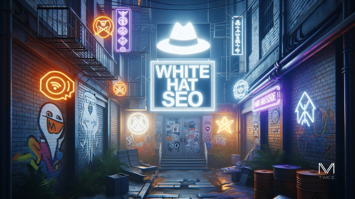 Définition White Hat SEO - Ruelle en impasse éclairée par des graffitis néon illustrant le White Hat SEO.