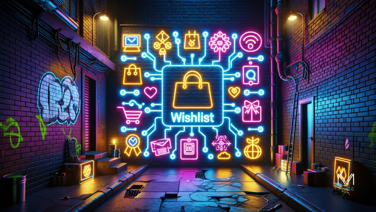 Ruelle cyberpunk avec graffitis néon évoquant l'e-commerce et enseigne 'Wishlist' lumineuse centrale.