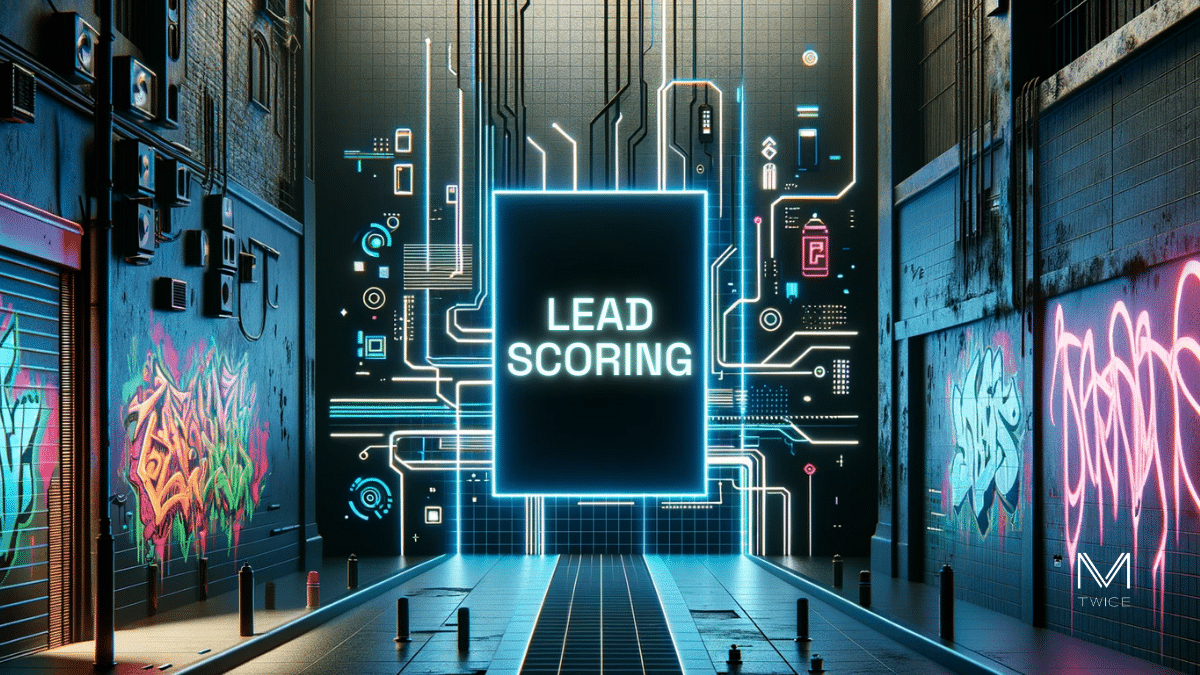 Définition lead scoring - Ruelle dans une ambience cyberpunk avec motifs en néon relatifs au lead scoring et des graffitis colorés aux murs