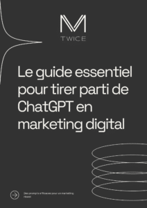 Image de couverture de l'ebook "le guide essentiel pour tirer parti de ChatGPT en marketing digital" de M-Twice sur fond gris avec formes géométriques en arrière-plan