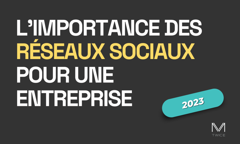 Image de couverture sur fond noir et lettres blanches de l'article de blog 'L'importance des médias sociaux pour une entreprise' avec le logo de M-TWICE en bas à droite.
