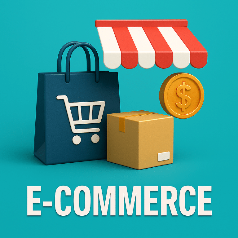 Formation E-Commerce illustrée en 3D avec panier d’achat carte de paiement et colis sur fond turquoise | M-Twice