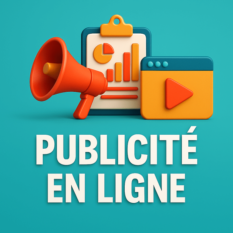Formation Publicité en Ligne illustrée en 3D avec écran graphique et icônes de clic symbolisant la performance des campagnes digitales | M-Twice