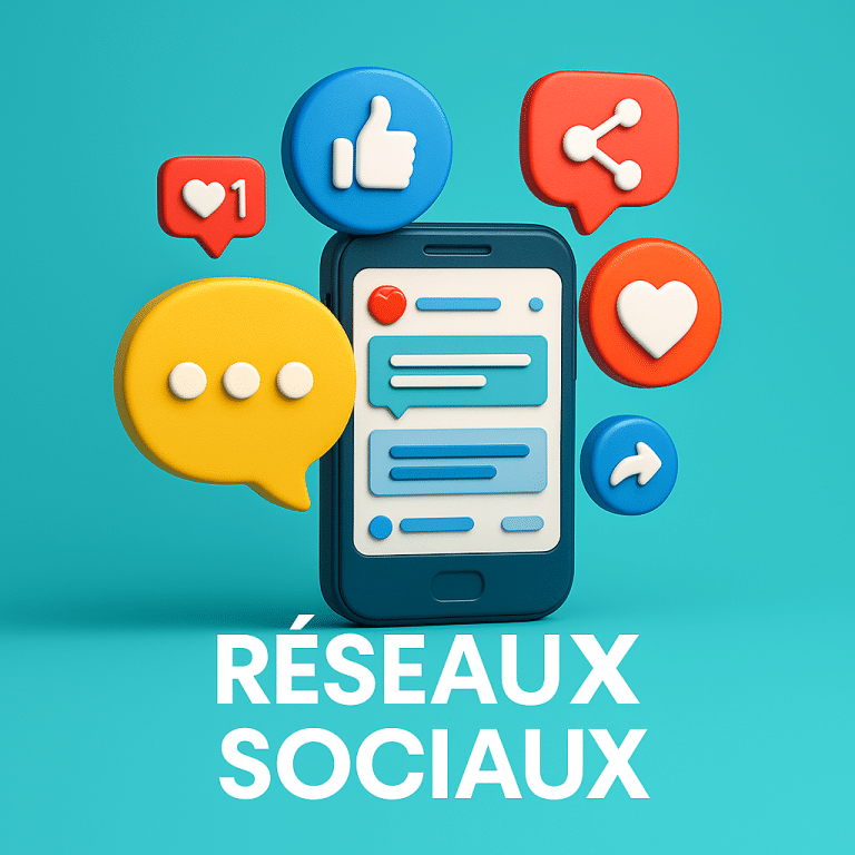 Formation Réseaux Sociaux illustrée en 3D avec smartphone et bulles de conversation représentant la communication digitale | M-Twice