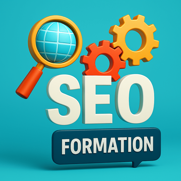 Formation SEO illustrée en 3D avec loupe globe et engrenages symbolisant le référencement naturel | M-Twice