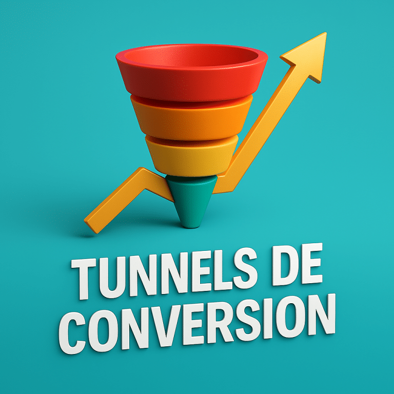 Formation Tunnels de Conversion illustrée en 3D avec un entonnoir marketing et une flèche ascendante symbolisant la performance | M-Twice