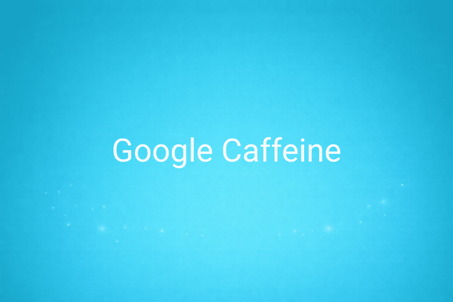 Illustration minimaliste sur fond bleu avec texte "Google Caffeine", définition liée à la catégorie SEO du glossaire marketing de M-Twice