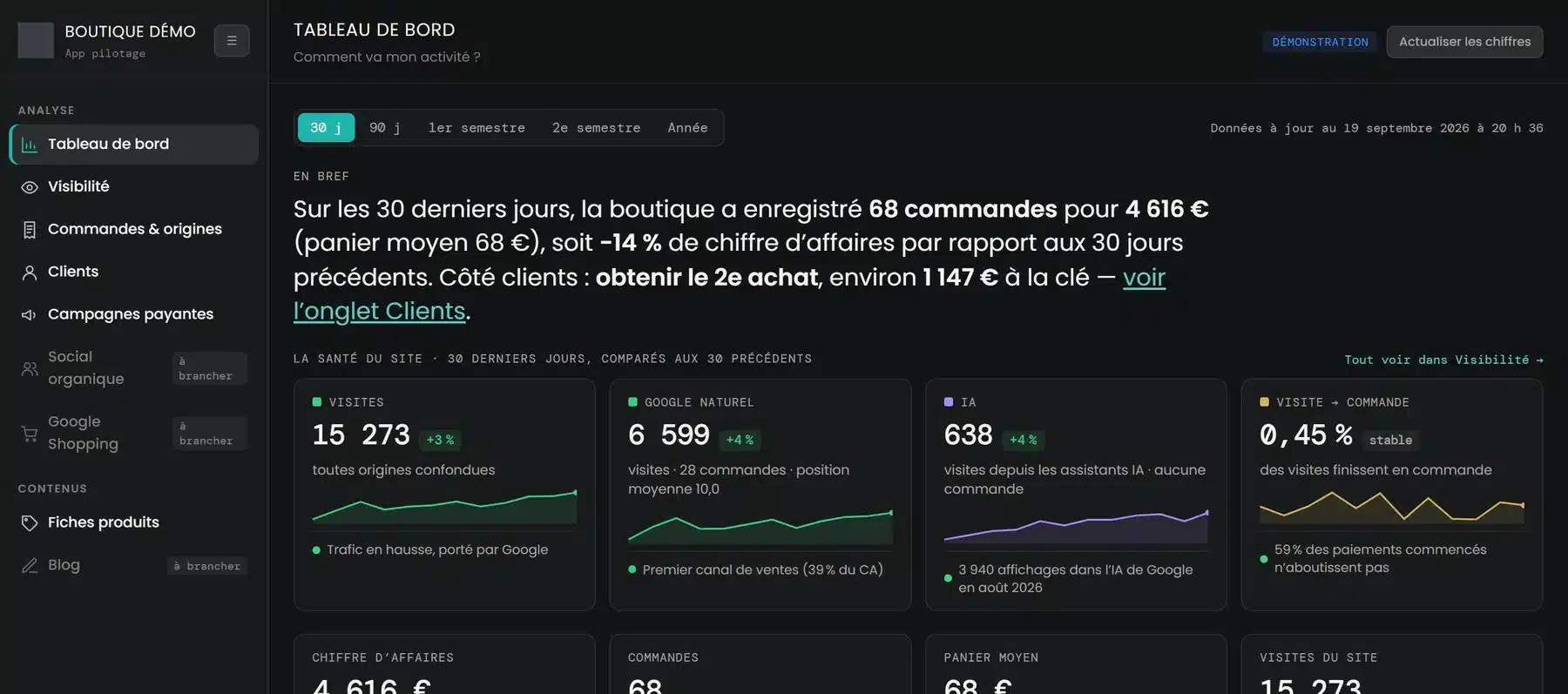 Tableau de bord de l’outil de pilotage : activité, visites et ventes (écran de démonstration)