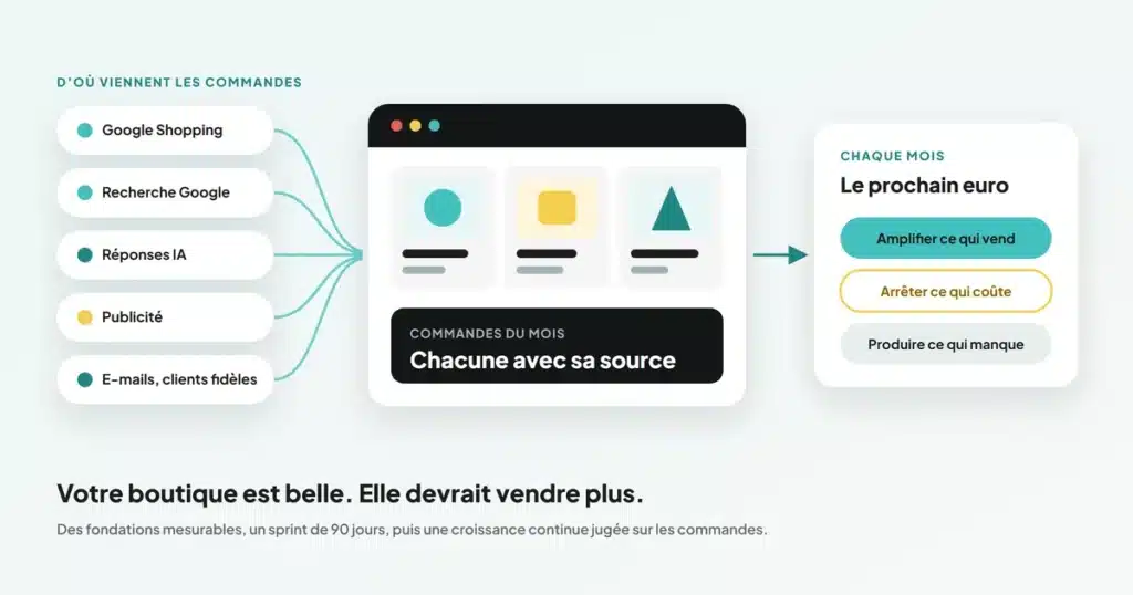 Agence e-commerce : les canaux qui apportent les commandes, la boutique qui rapproche chaque commande de sa source, et la décision du mois