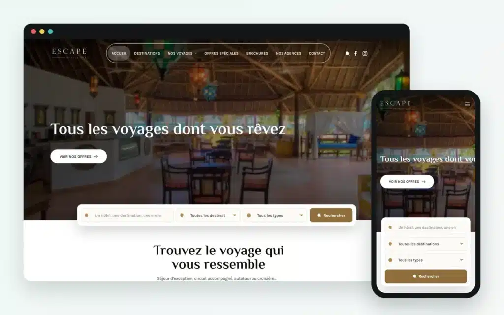 Escape Travel, site WordPress de voyages sur mesure construit par M-Twice : accueil sur ordinateur et sur téléphone