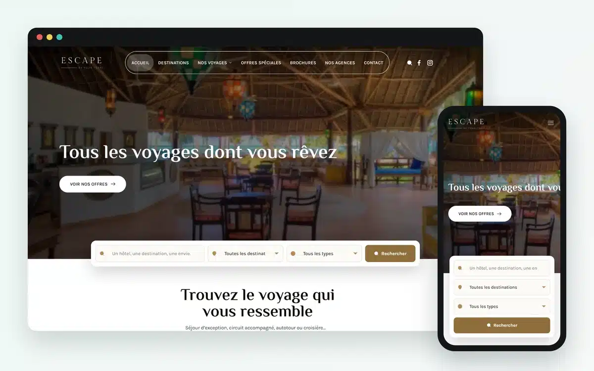 Escape Travel, site WordPress de voyages sur mesure construit par M-Twice : accueil sur ordinateur et sur téléphone