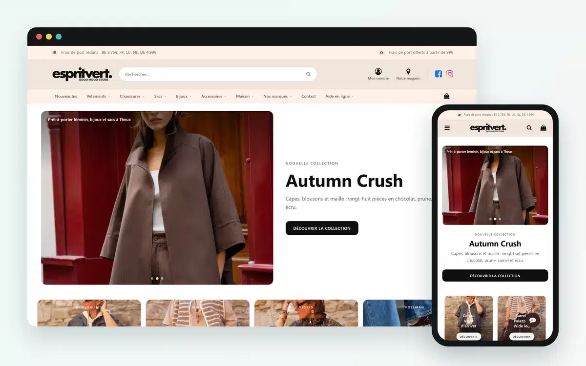 Esprit Vert, boutique de mode Odoo à Theux construite par M-Twice : accueil sur ordinateur et sur téléphone