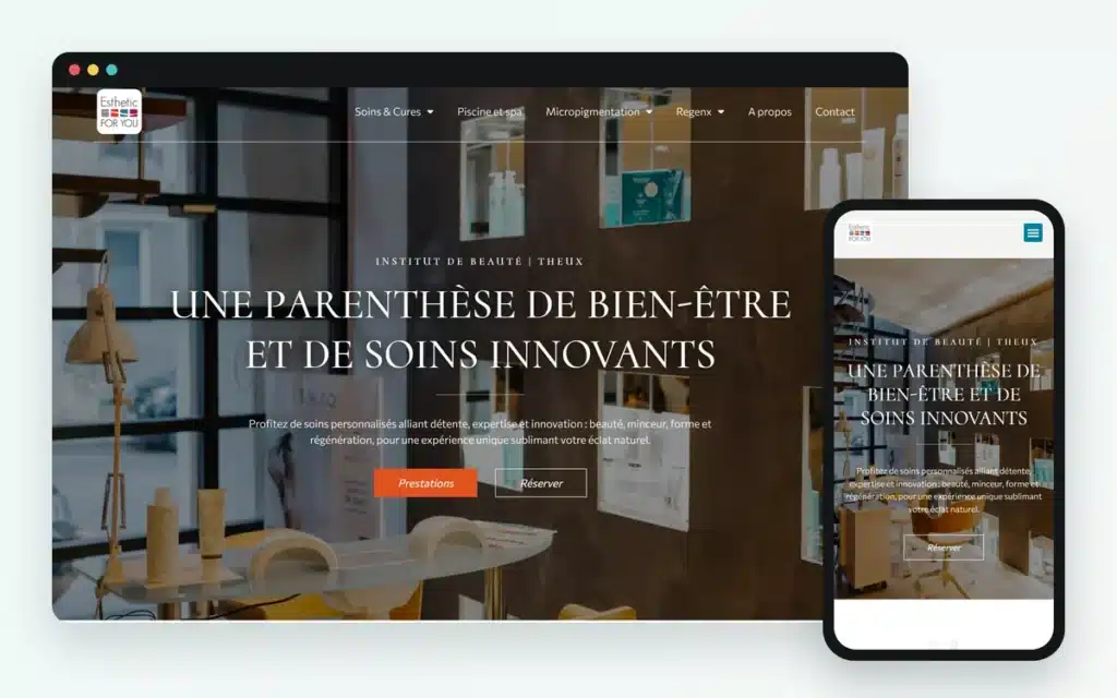 Esthetic For You, institut de beauté à Theux, site WordPress et WooCommerce construit par M-Twice : accueil sur ordinateur et sur téléphone