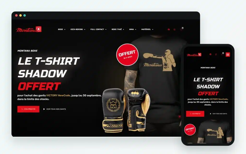 Montana Boxing, boutique WooCommerce de matériel de sports de combat construite par M-Twice : accueil sur ordinateur et sur téléphone