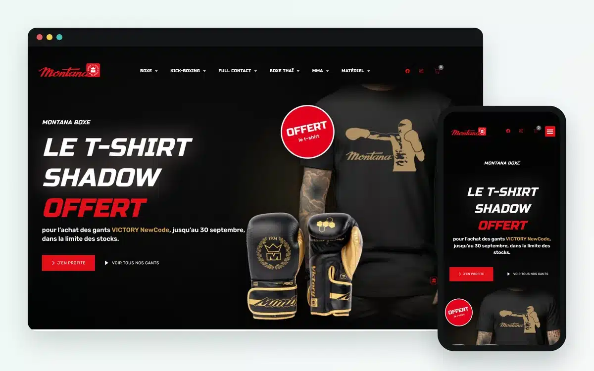 Montana Boxing, boutique WooCommerce de matériel de sports de combat construite par M-Twice : accueil sur ordinateur et sur téléphone