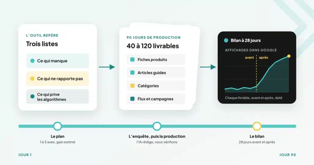 Le sprint croissance en 90 jours : trois listes repérées par l’outil, 40 à 120 livrables produits, puis le bilan de chaque livrable à 28 jours