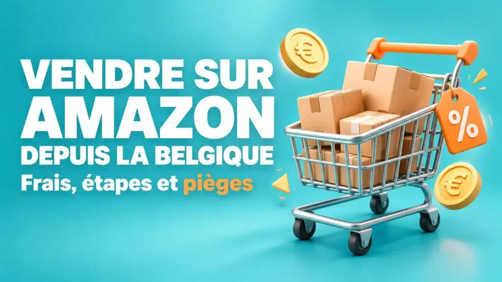 Vendre sur Amazon depuis la Belgique : chariot rempli de colis, pièces en euro et étiquette de prix, pour un guide sur les frais, les étapes et les pièges