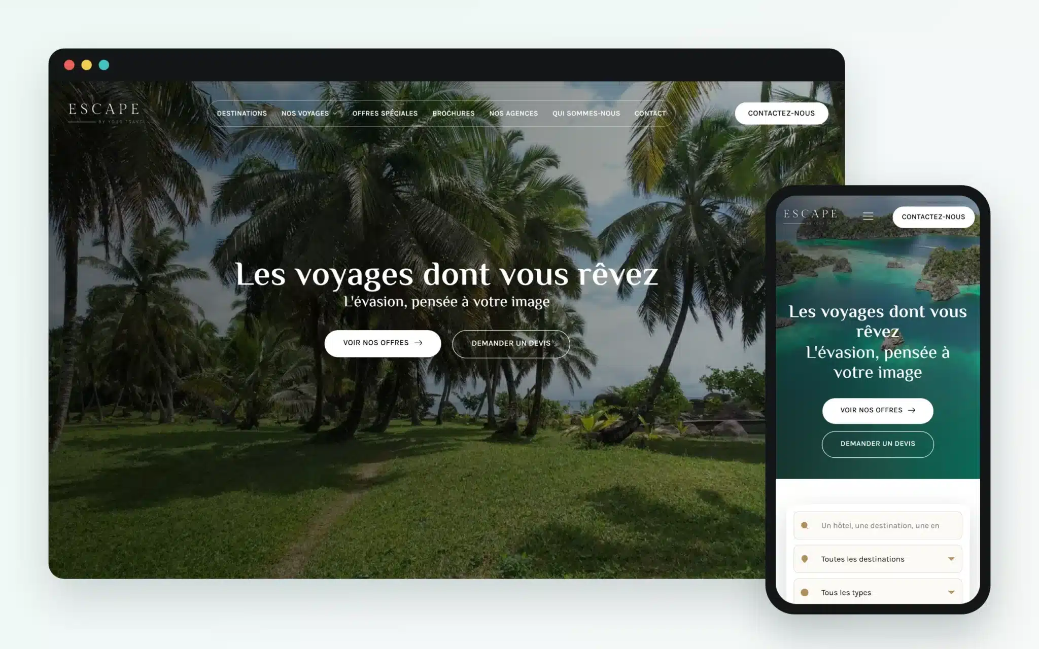 Escape Travel, site de voyages WordPress créé par M-Twice, sur ordinateur et sur téléphone