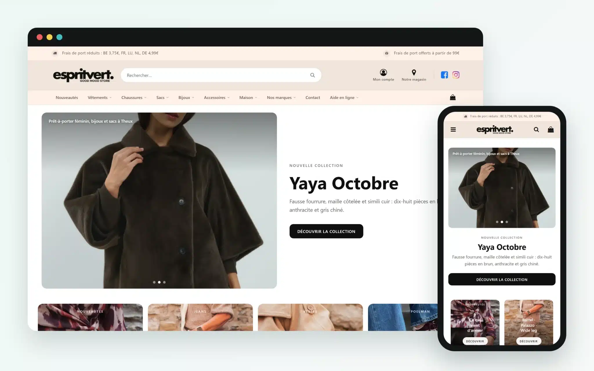 Esprit Vert, boutique Odoo créée par M-Twice, sur ordinateur et sur téléphone