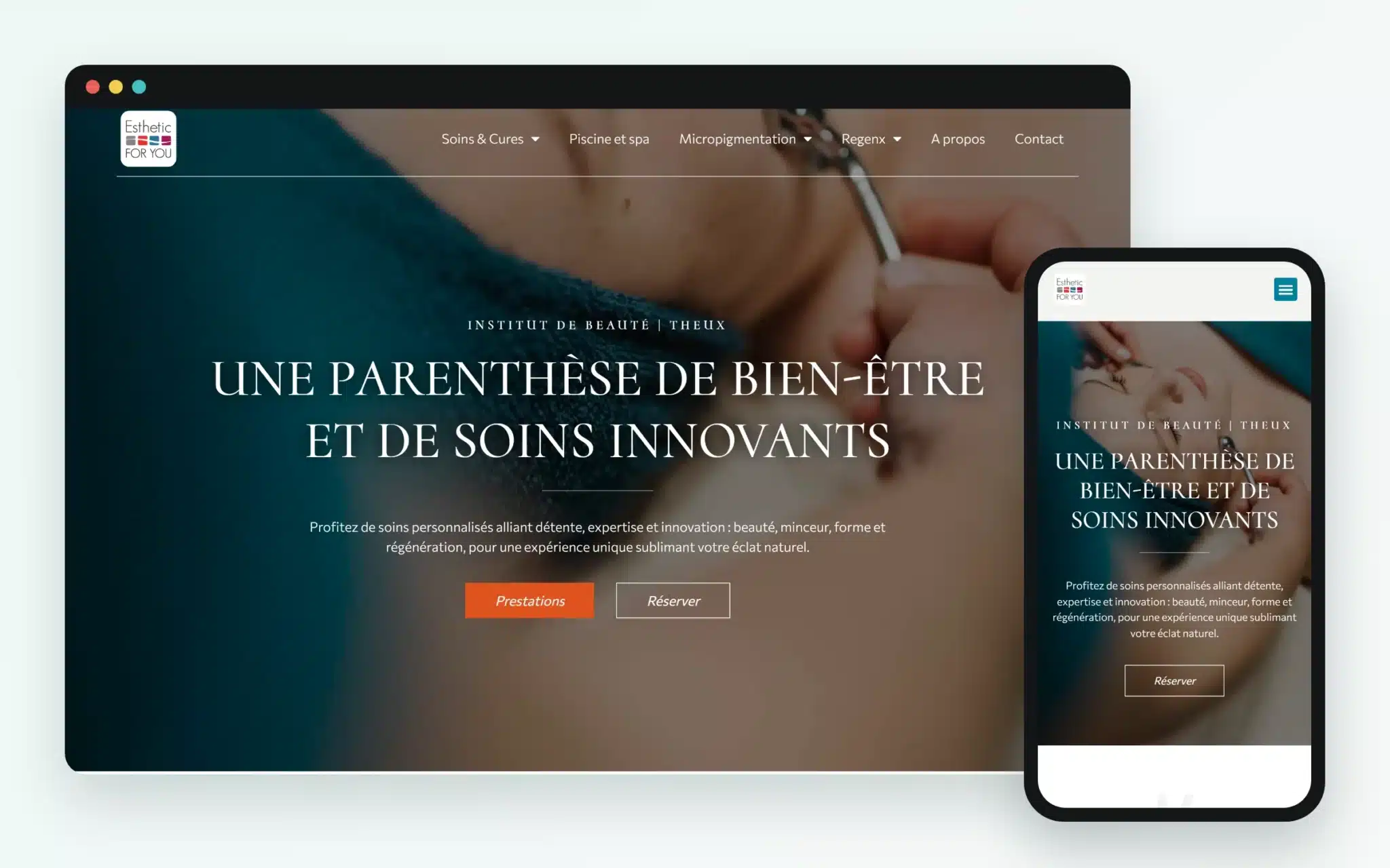 Esthetic For You, site et boutique WooCommerce créés par M-Twice, sur ordinateur et sur téléphone