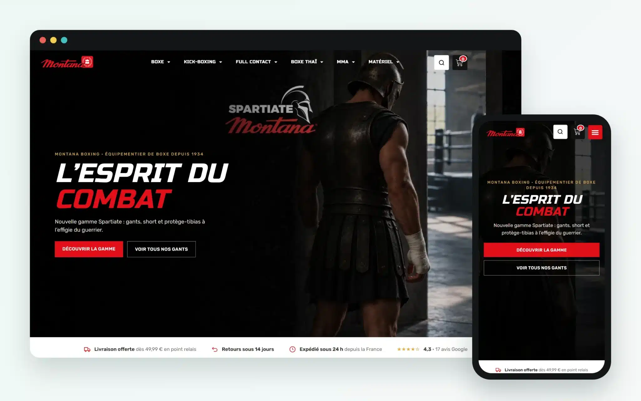 Montana Boxing, boutique WooCommerce créée par M-Twice, sur ordinateur et sur téléphone